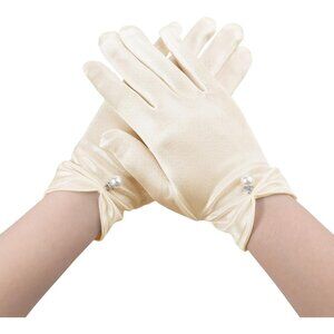 Women's Satin Short Length Pearl Gloves Cream Banquet Wedding Party Costume